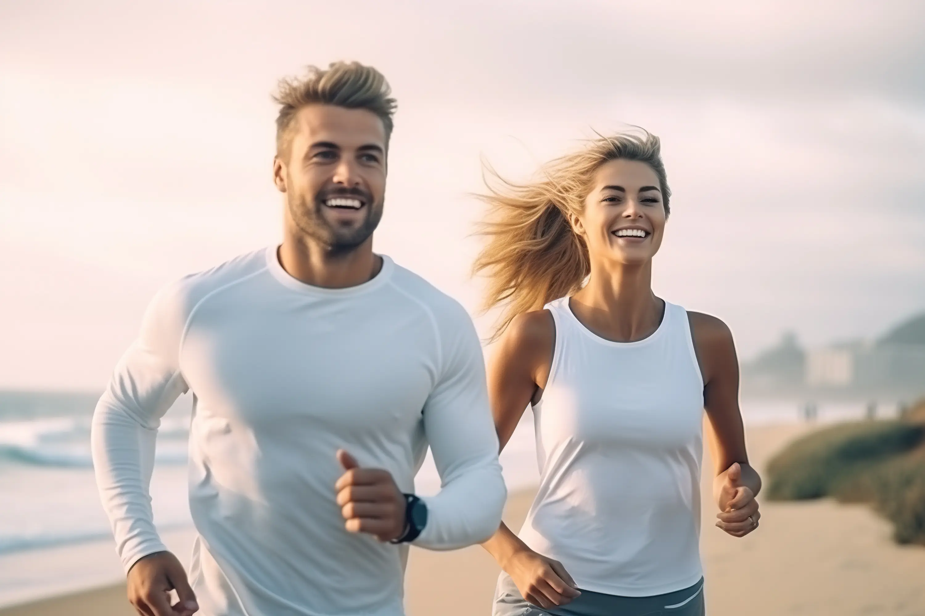 A man and woman running on the beach.