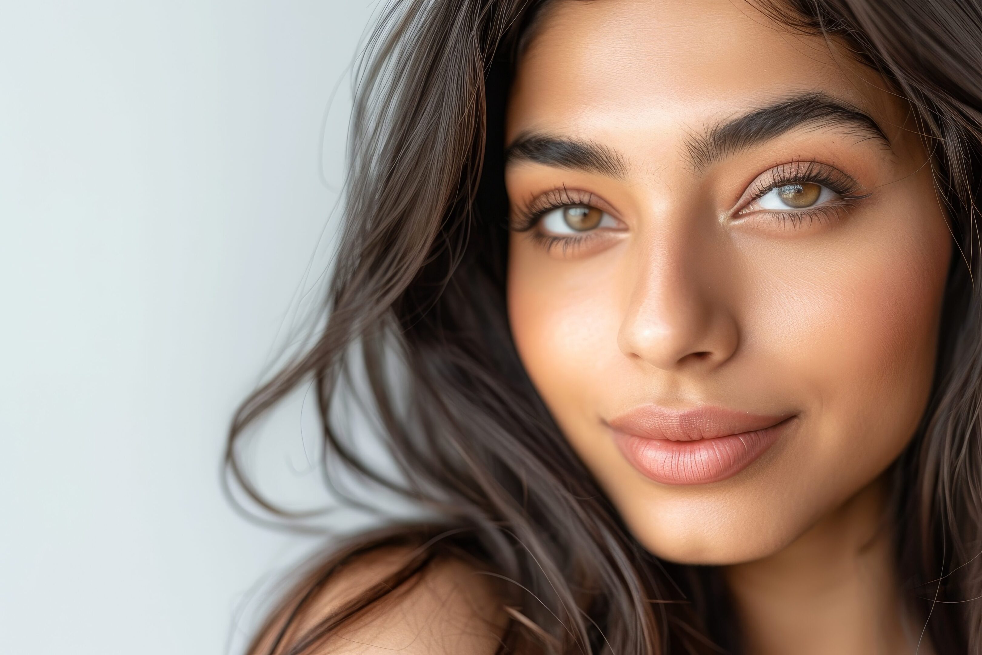 A woman with long hair and green eyes.