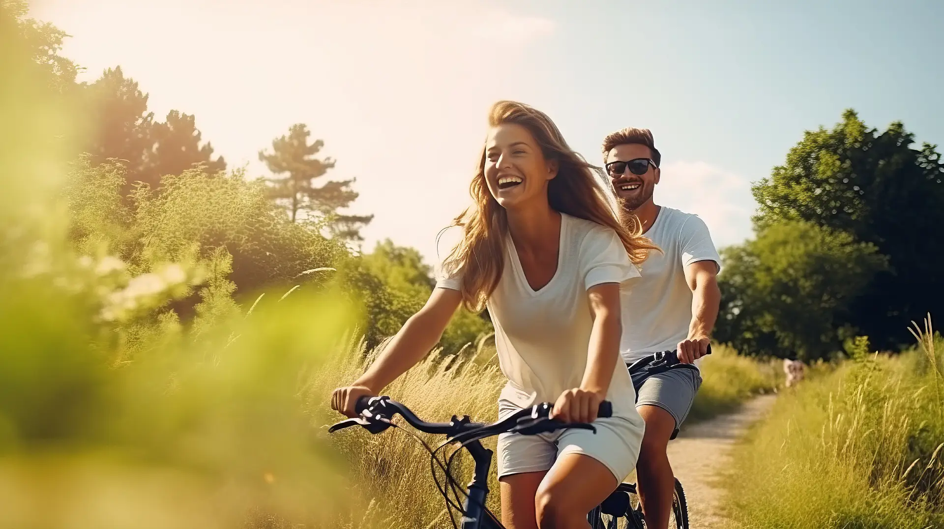 A man and woman riding bikes down the road.