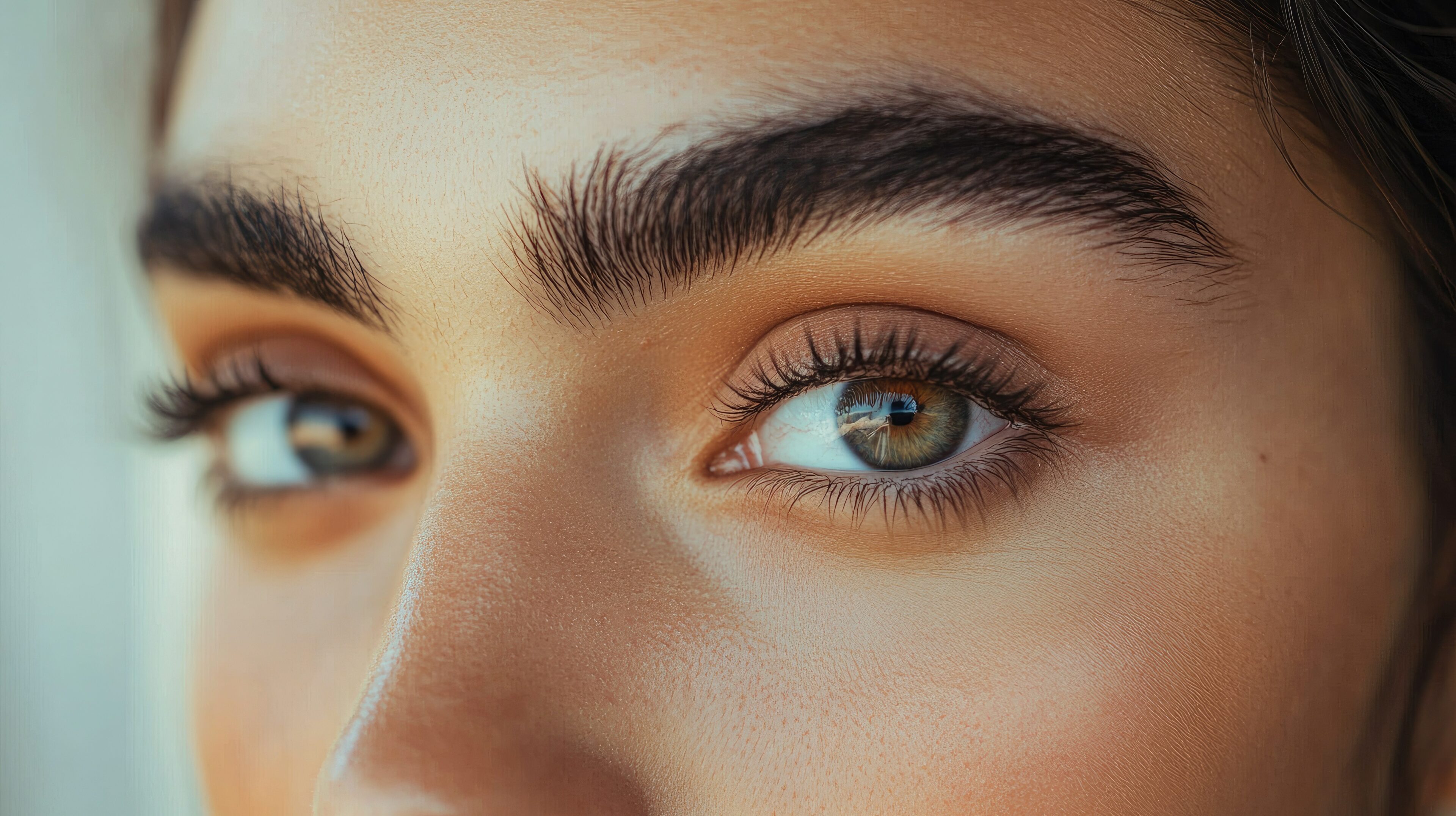 A close-up of a woman with thick, bushy eyebrows, highlighting her natural and unique appearance.