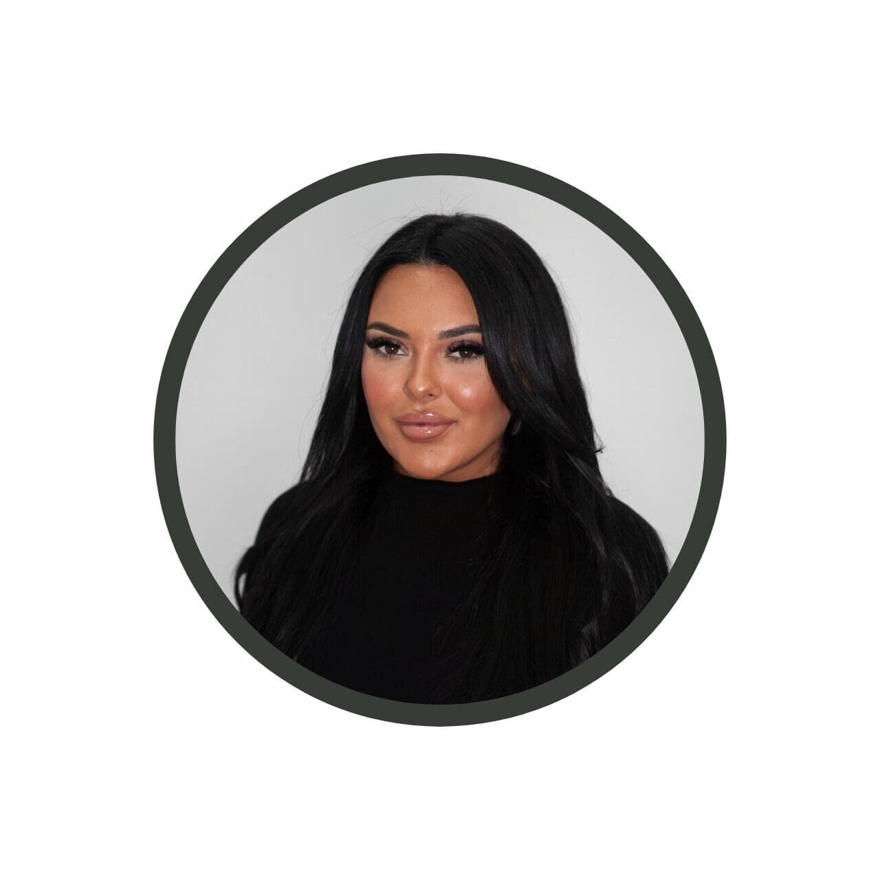 Professional headshot of a woman with long dark hair and a black top.